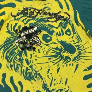 Ed Hardy Tiger Flames Graphic T Shirt Emerald Green Yellow Men's Medium